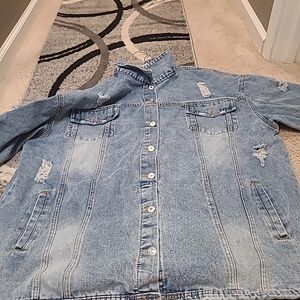 Hengsheng Light Wash Denim Jacket Raw Edge Distressed Oversized 4XL Ripped